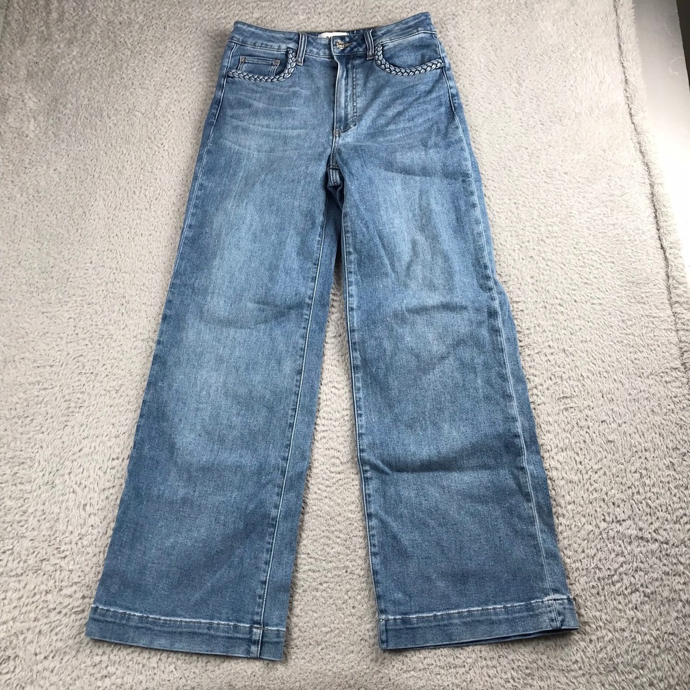 Paige Anessa Jeans Women 27 (28x30) Blue Braided Pocket High Rise Wide Leg Denim
